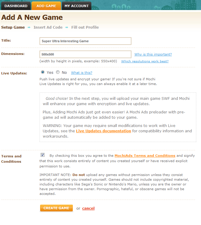 Add new game page