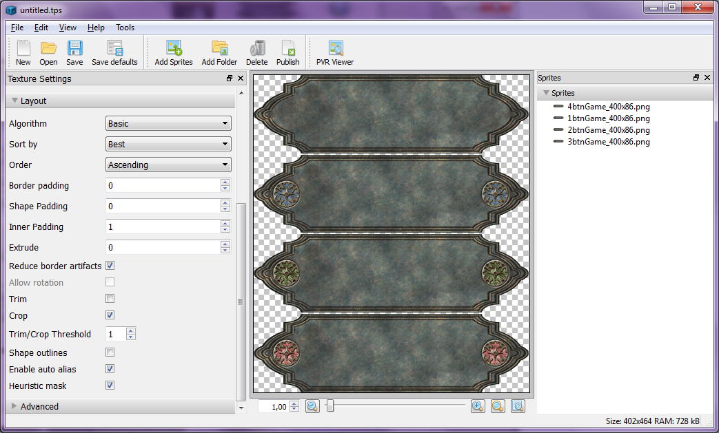 TexturePacker GUI with the button from the quiz Jason & Heracles